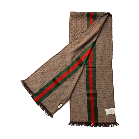 Gucci Brown & Beige GG Logo Print w/ Green Red Stripe Wool Silk Scarf Pre-owned - Picture 5 of 16